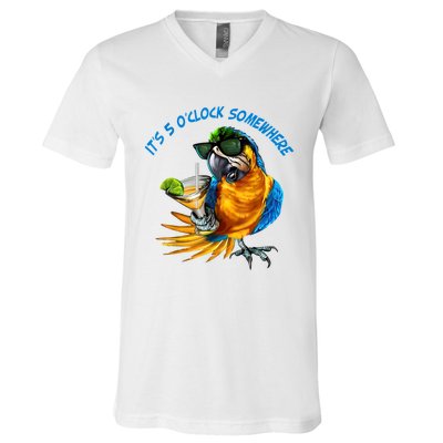 It Is 5 Oclock Somewhere Drinking Parrot V-Neck T-Shirt