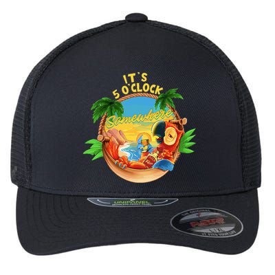 It Is 5 O'clock Somewhere Parrot Drinking Summer Vacation Flexfit Unipanel Trucker Cap