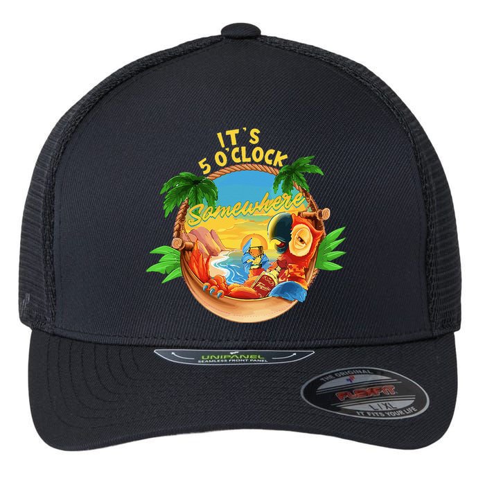 It Is 5 O'clock Somewhere Parrot Drinking Summer Vacation Flexfit Unipanel Trucker Cap