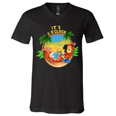 It Is 5 O'clock Somewhere Parrot Drinking Summer Vacation V-Neck T-Shirt