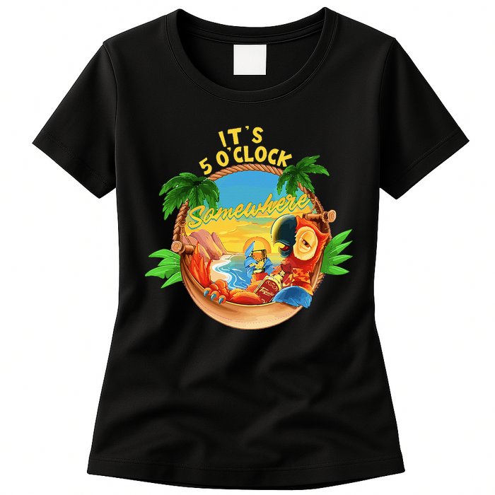 It Is 5 O'clock Somewhere Parrot Drinking Summer Vacation Womens T-Shirt