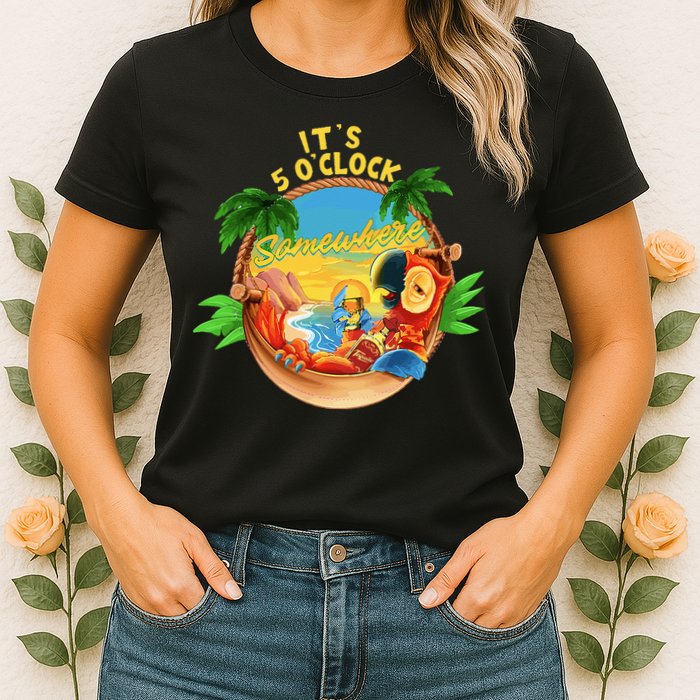 It Is 5 O'clock Somewhere Parrot Drinking Summer Vacation Womens T-Shirt