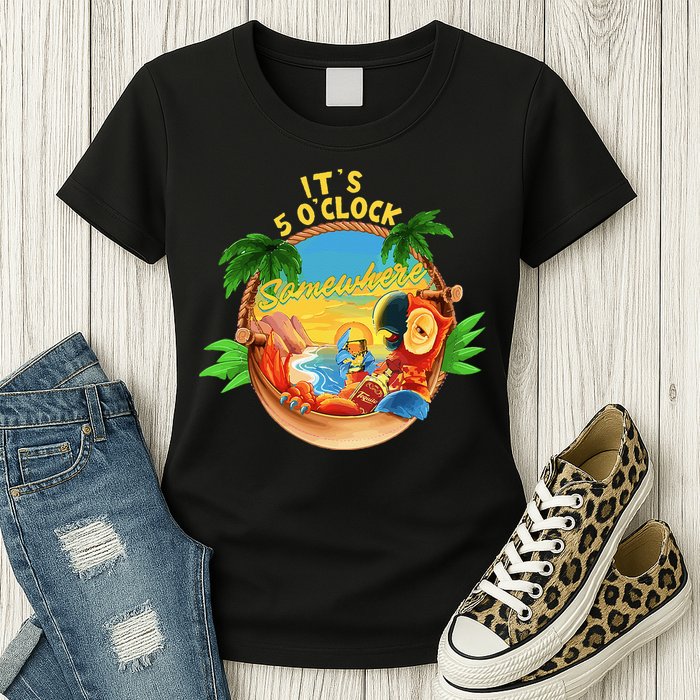 It Is 5 O'clock Somewhere Parrot Drinking Summer Vacation Womens T-Shirt