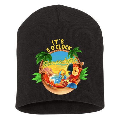 It Is 5 O'clock Somewhere Parrot Drinking Summer Vacation Short Acrylic Beanie