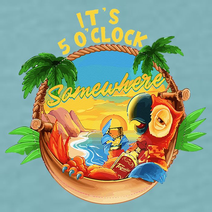 It Is 5 O'clock Somewhere Parrot Drinking Summer Vacation Sueded Cloud Jersey T-Shirt