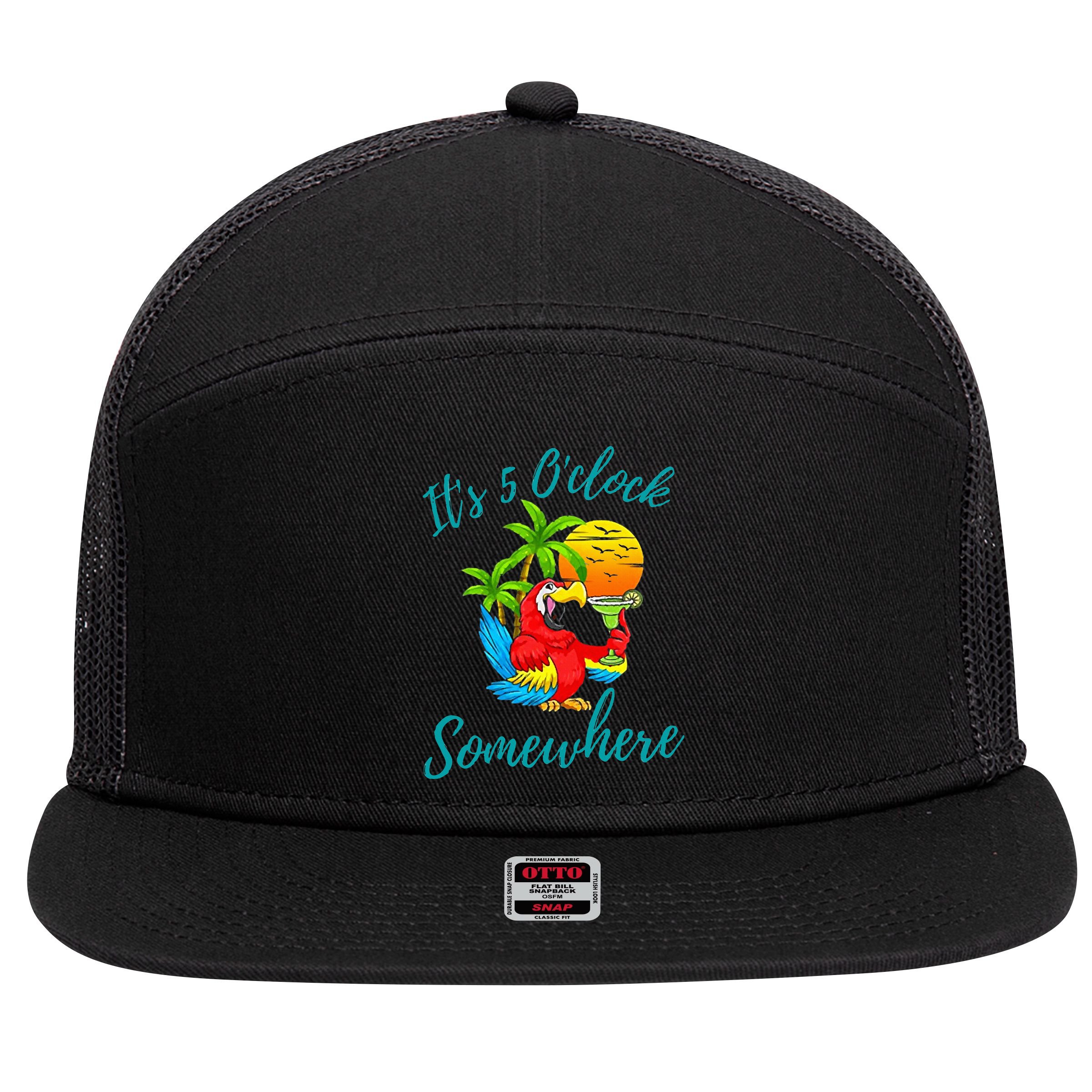 It Is 5 O'clock Somewhere Drinking Parrot 7 Panel Mesh Trucker Snapback Hat