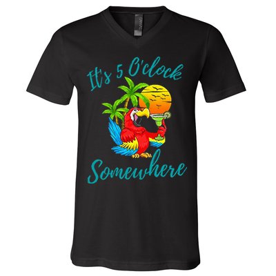 It Is 5 O'clock Somewhere Drinking Parrot V-Neck T-Shirt
