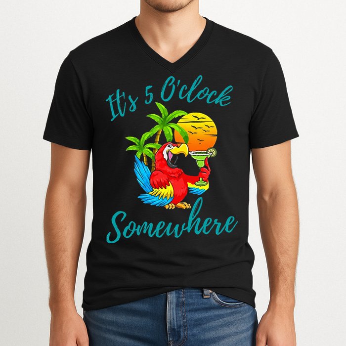 It Is 5 O'clock Somewhere Drinking Parrot V-Neck T-Shirt