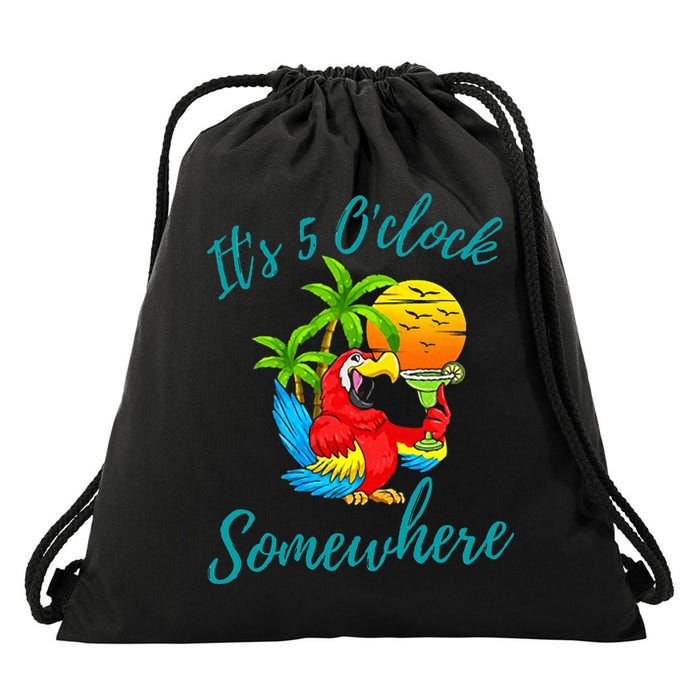 It Is 5 O'clock Somewhere Drinking Parrot Drawstring Bag