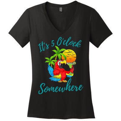 It Is 5 O'clock Somewhere Drinking Parrot Women's V-Neck T-Shirt