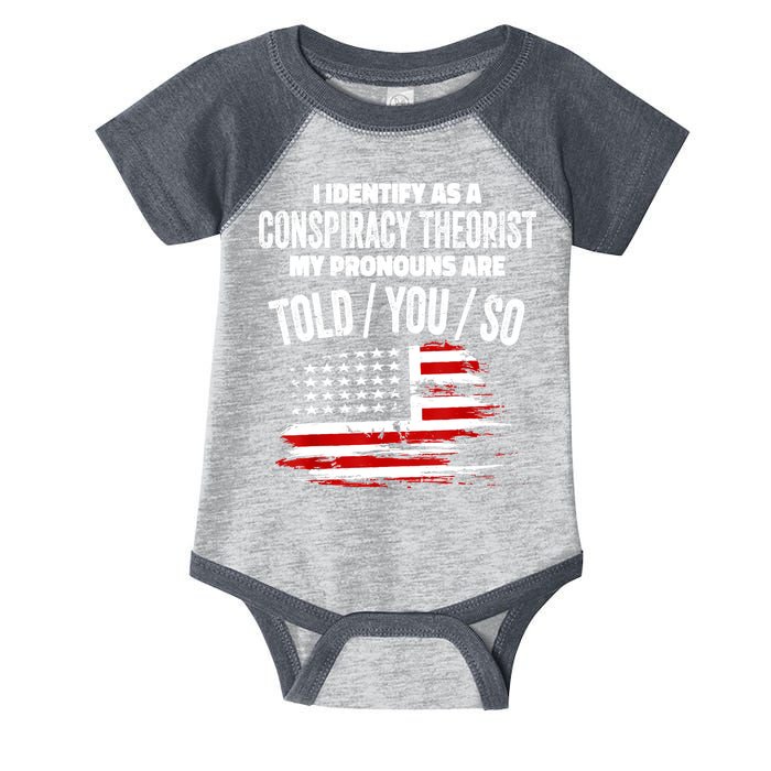 I Identify As A Conspiracy Theorist Pronouns Are Told You So Infant Baby Jersey Bodysuit