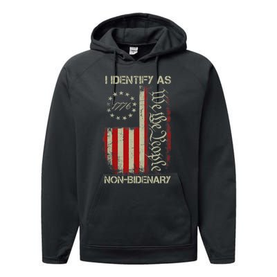 I Identify As Non Bidenary Anti Biden American Us Flag Performance Fleece Hoodie