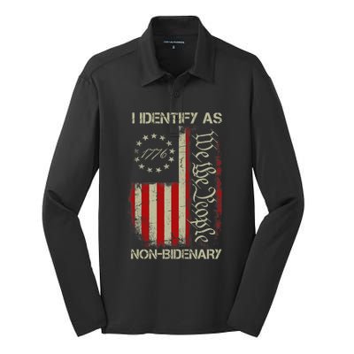 I Identify As Non Bidenary Anti Biden American Us Flag Silk Touch Performance Long Sleeve Polo