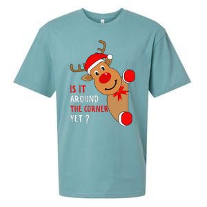 Is It Around The Corner Yet Christmas Funny Reindeer Lover Sueded Cloud Jersey T-Shirt