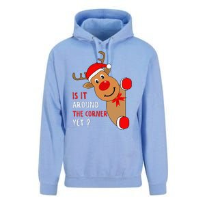 Is It Around The Corner Yet Christmas Funny Reindeer Lover Unisex Surf Hoodie