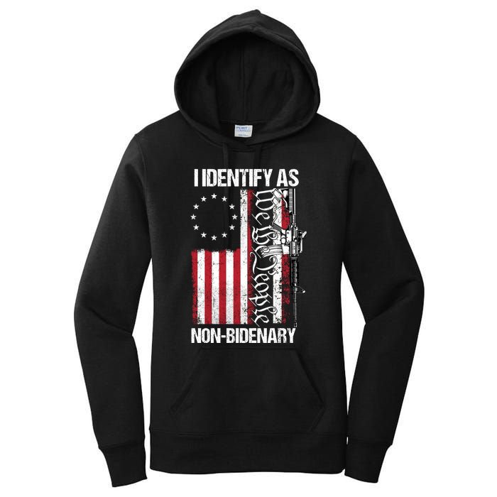 I Identify As Non Bidenary Anti Biden Vintage Old US Flag Women's Pullover Hoodie