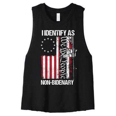 I Identify As Non Bidenary Anti Biden Vintage Old US Flag Women's Racerback Cropped Tank