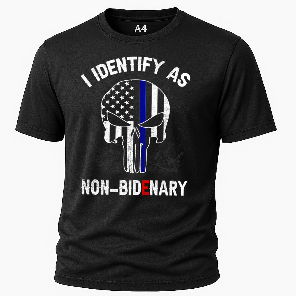 I Identify As Non Bidenary Skull Line Blue, Funny Anti Biden Cooling Performance Crew T-Shirt