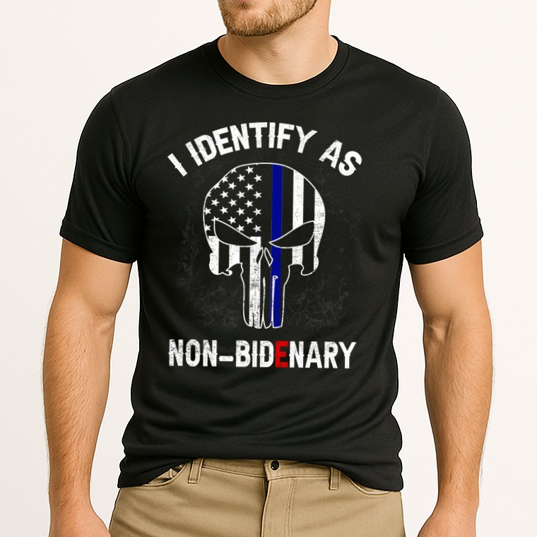 I Identify As Non Bidenary Skull Line Blue, Funny Anti Biden Cooling Performance Crew T-Shirt