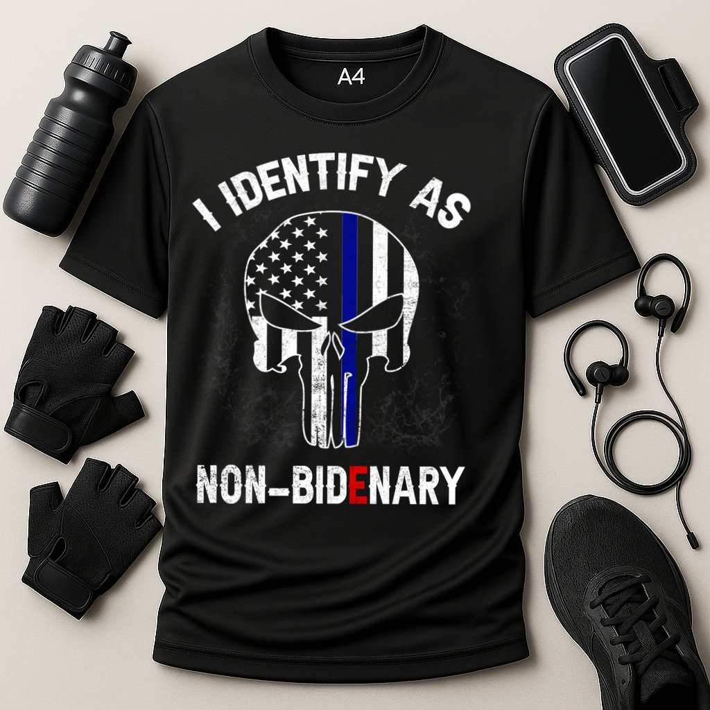 I Identify As Non Bidenary Skull Line Blue, Funny Anti Biden Cooling Performance Crew T-Shirt