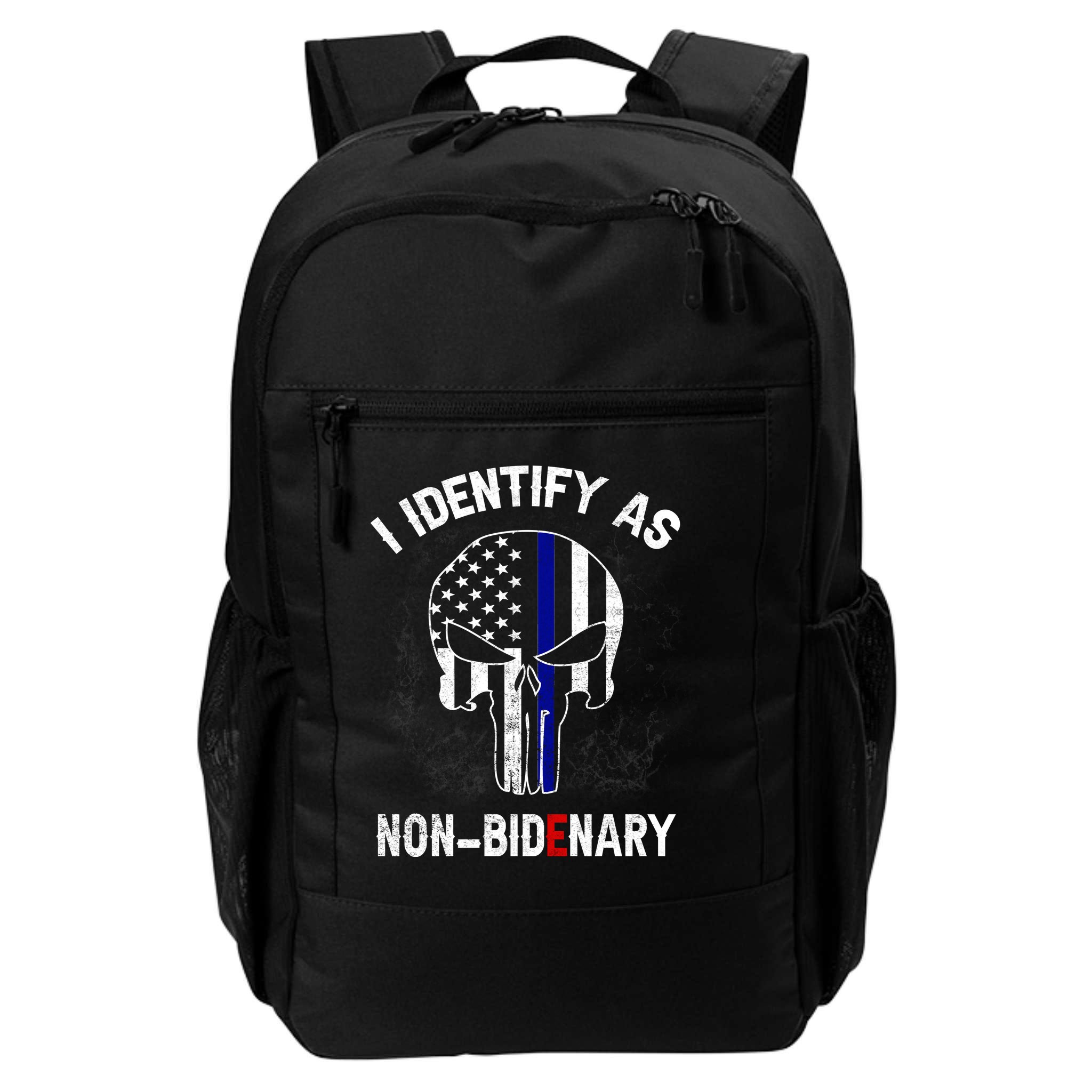 I Identify As Non Bidenary Skull Line Blue, Funny Anti Biden Backpack