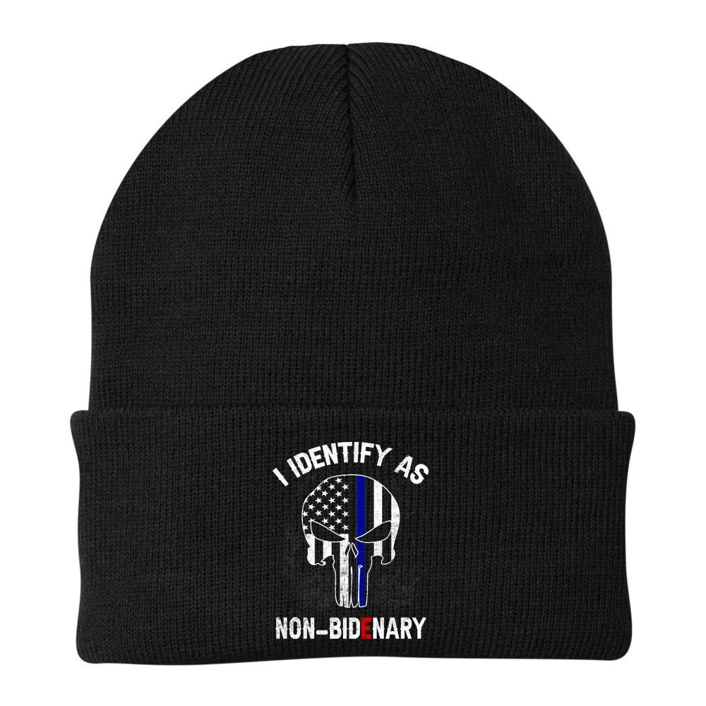 I Identify As Non Bidenary Skull Line Blue, Funny Anti Biden Beanie