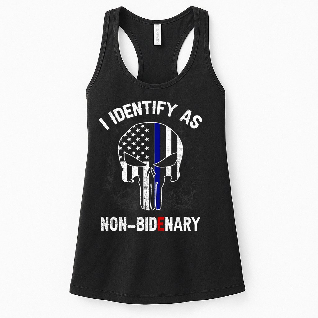 I Identify As Non Bidenary Skull Line Blue, Funny Anti Biden Womens Tank Top