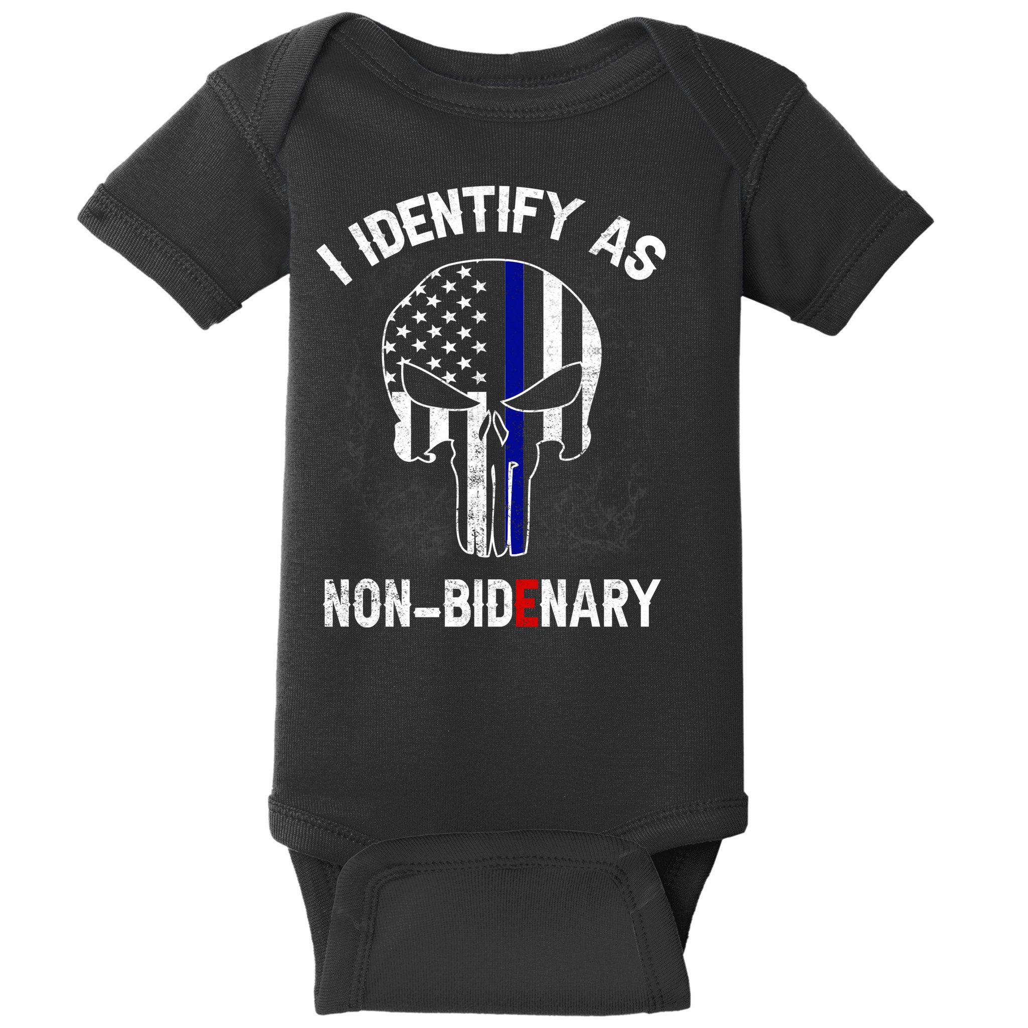 I Identify As Non Bidenary Skull Line Blue, Funny Anti Biden Baby Bodysuit