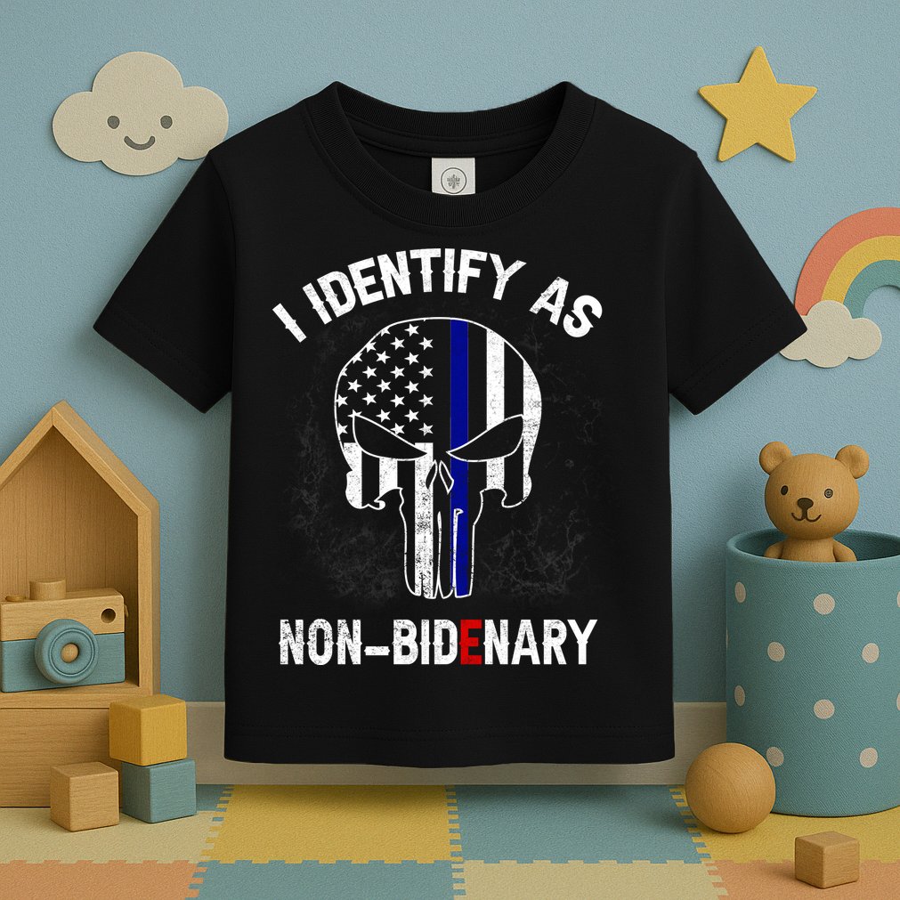 I Identify As Non Bidenary Skull Line Blue, Funny Anti Biden Toddler T-Shirt