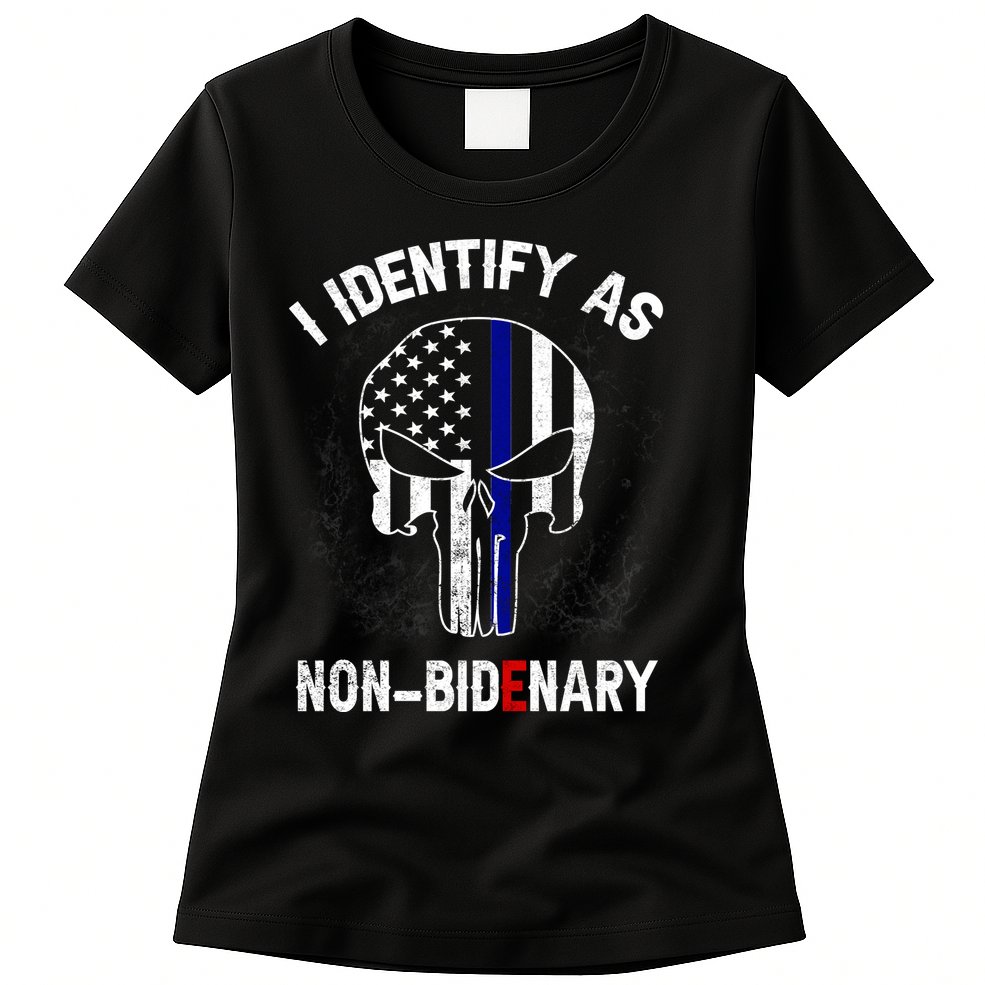 I Identify As Non Bidenary Skull Line Blue, Funny Anti Biden Womens T-Shirt