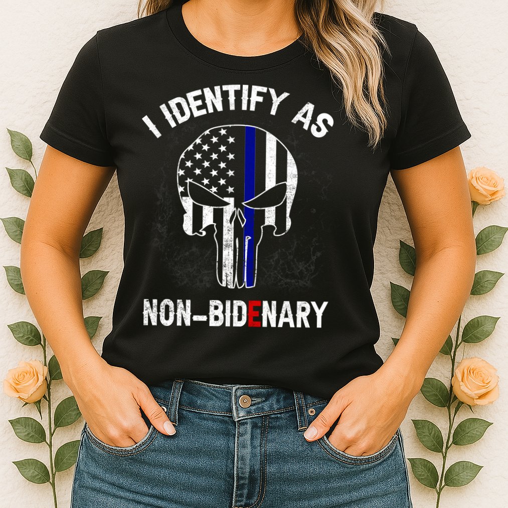 I Identify As Non Bidenary Skull Line Blue, Funny Anti Biden Womens T-Shirt