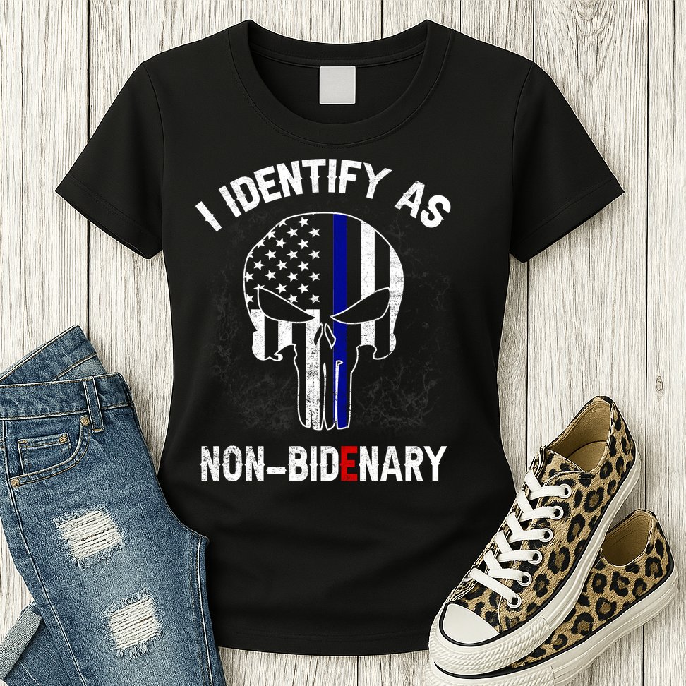 I Identify As Non Bidenary Skull Line Blue, Funny Anti Biden Womens T-Shirt