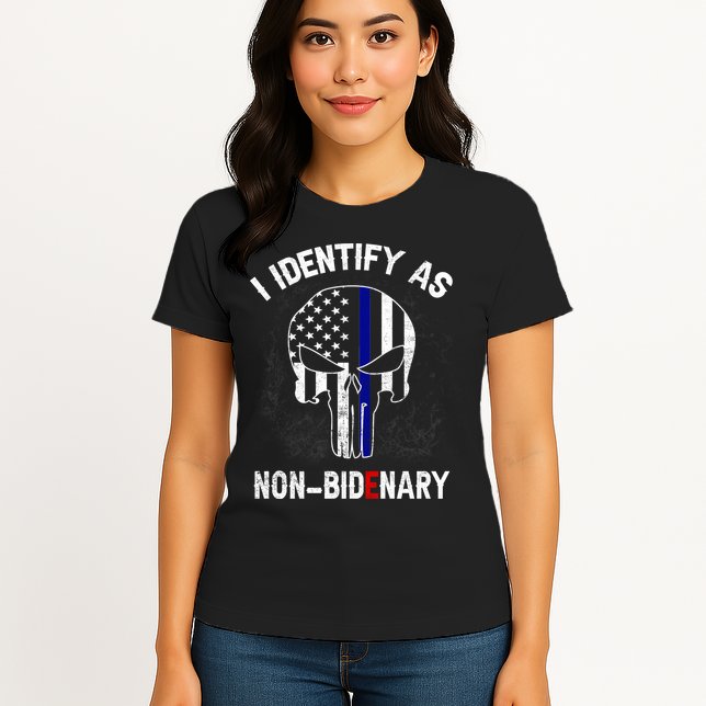 I Identify As Non Bidenary Skull Line Blue, Funny Anti Biden Womens T-Shirt