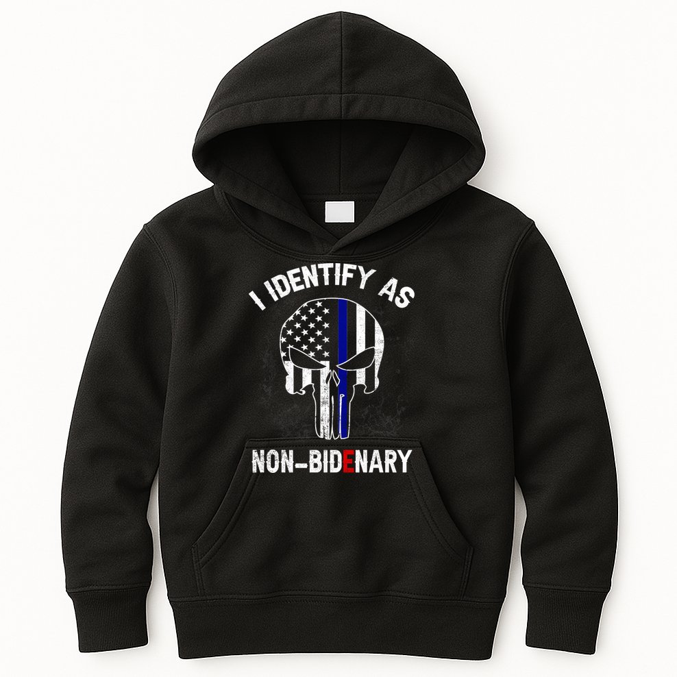 I Identify As Non Bidenary Skull Line Blue, Funny Anti Biden Kids Hoodie