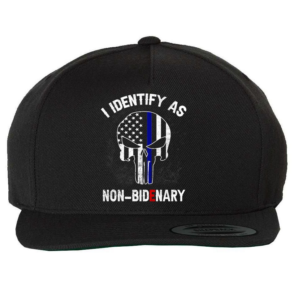 I Identify As Non Bidenary Skull Line Blue, Funny Anti Biden Wool Snapback Cap