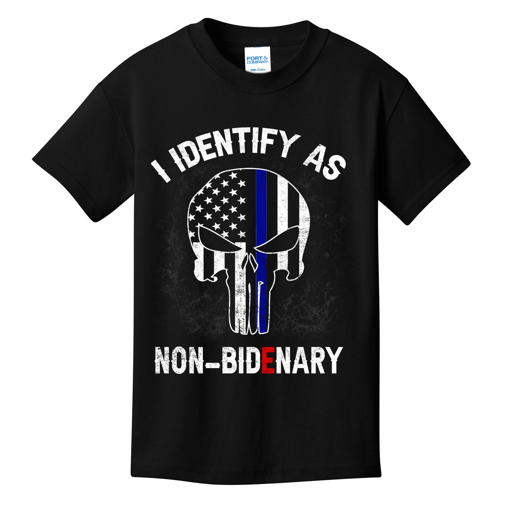 I Identify As Non Bidenary Skull Line Blue, Funny Anti Biden Kids T-Shirt
