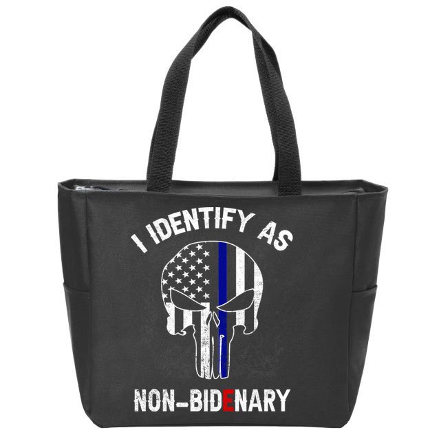 I Identify As Non Bidenary Skull Line Blue, Funny Anti Biden Zip Tote Bag