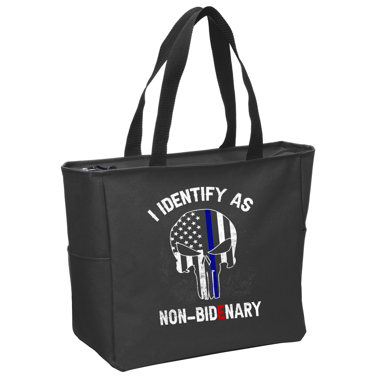 I Identify As Non Bidenary Skull Line Blue, Funny Anti Biden Zip Tote Bag