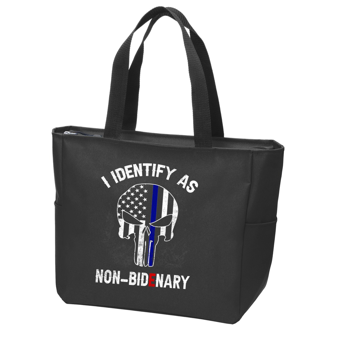 I Identify As Non Bidenary Skull Line Blue, Funny Anti Biden Zip Tote Bag