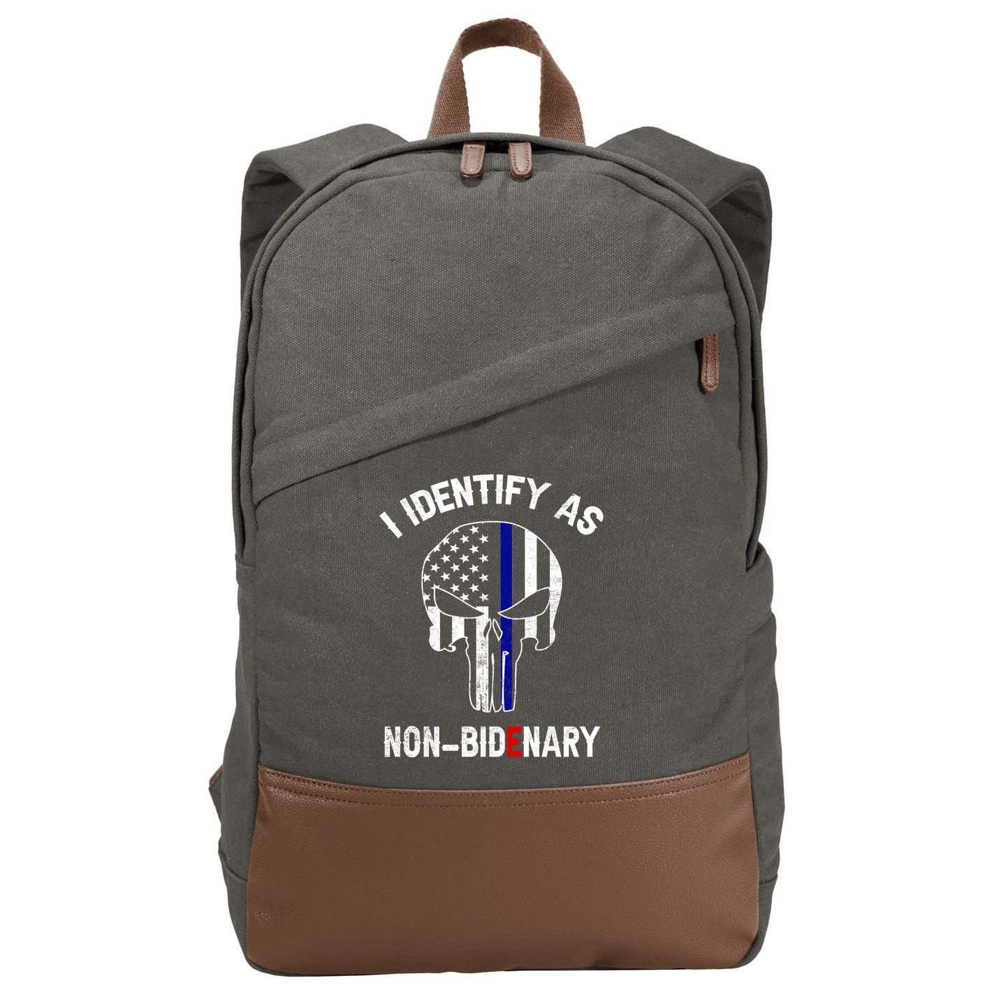 I Identify As Non Bidenary Skull Line Blue, Funny Anti Biden Cotton Canvas Backpack