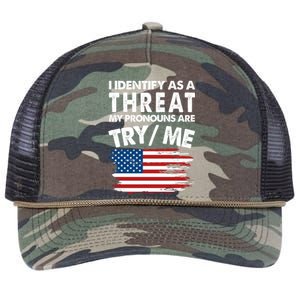 I Identify As A Threat My Pronouns Are Try Me Retro Rope Trucker Hat Cap