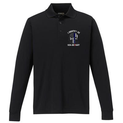 I Identify As NonBidenary Thin Blue Line, Funny Anti Biden Patriotic Freedom Pol Performance Long Sleeve Polo