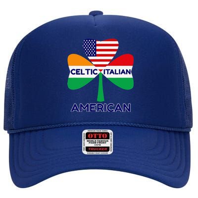 Irish Italian American Flag And Celtic Shamrock Pride High Crown Mesh Back Trucker Hat