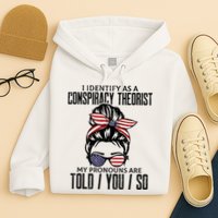 I Identify As A Conspiracy Theorist Pronouns Are Told You So Messy Bun Hoodie