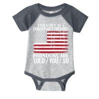 I Identify As A Conspiracy Theorist Pronouns Are Told You So Infant Baby Jersey Bodysuit