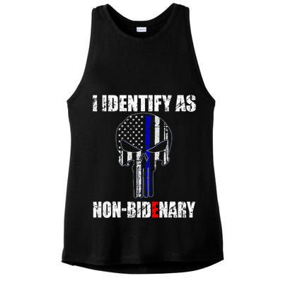 I Identify As Non Bidenary Skull Line Blue Ladies PosiCharge Tri-Blend Wicking Tank