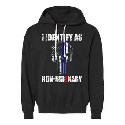 I Identify As Non Bidenary Skull Line Blue Garment-Dyed Fleece Hoodie