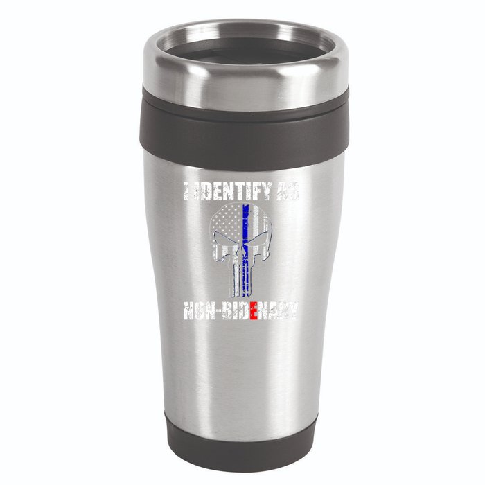 I Identify As Non Bidenary Skull Line Blue 16oz Travel Tumbler