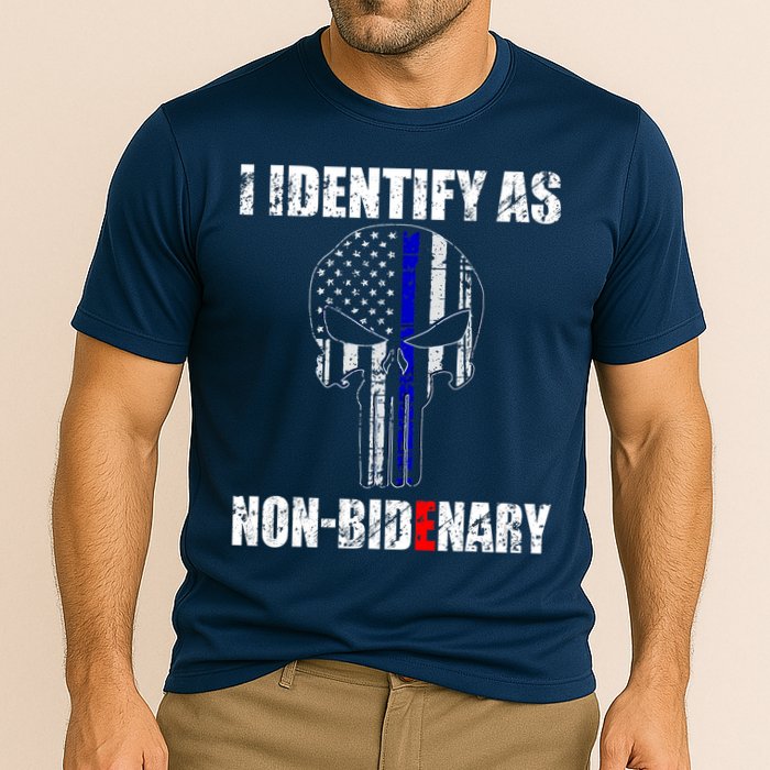 I Identify As Non Bidenary Skull Line Blue Performance Shirt