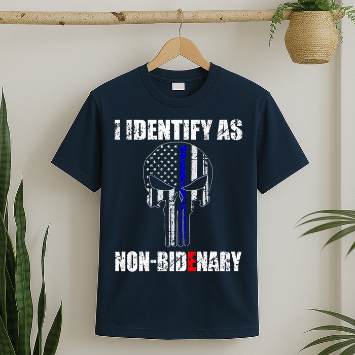 I Identify As Non Bidenary Skull Line Blue T-Shirt